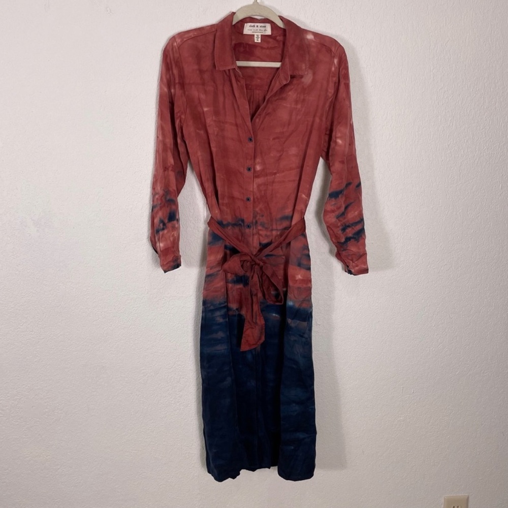 Cloth & Stone Pink & Blue Dip Dye Collared Button Down Long Sleeve Dress